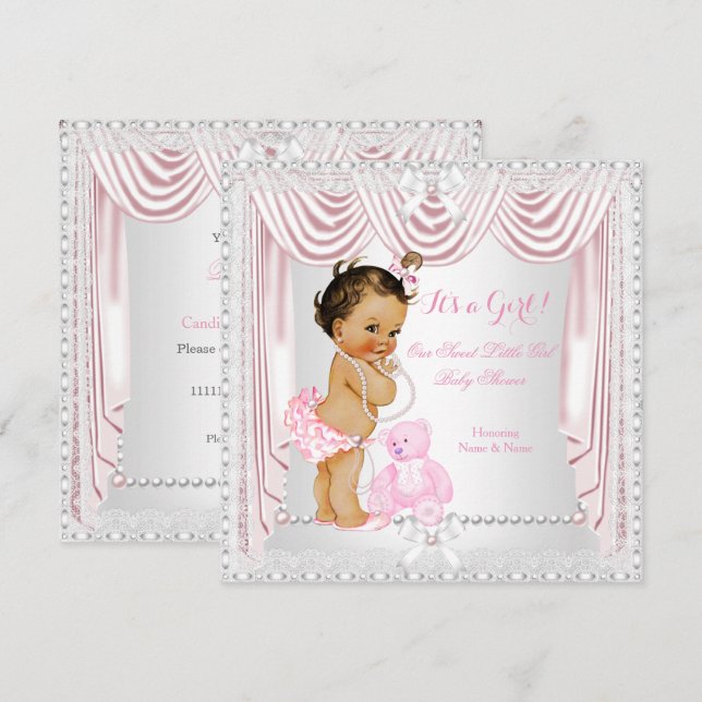 Sweet Girl Baby Shower Pink Satin Brunette Baby Invitation (Front/Back)