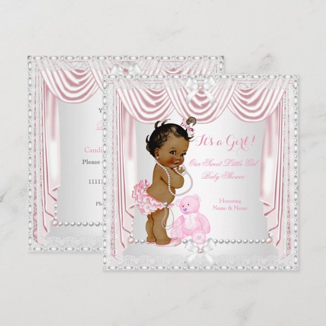 Sweet Girl Baby Shower Pink Satin Ethnic Invitation (Front/Back)