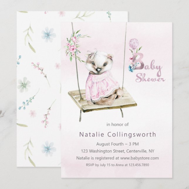 Sweet Girl Badger on Swing Baby Shower Invitation (Front/Back)