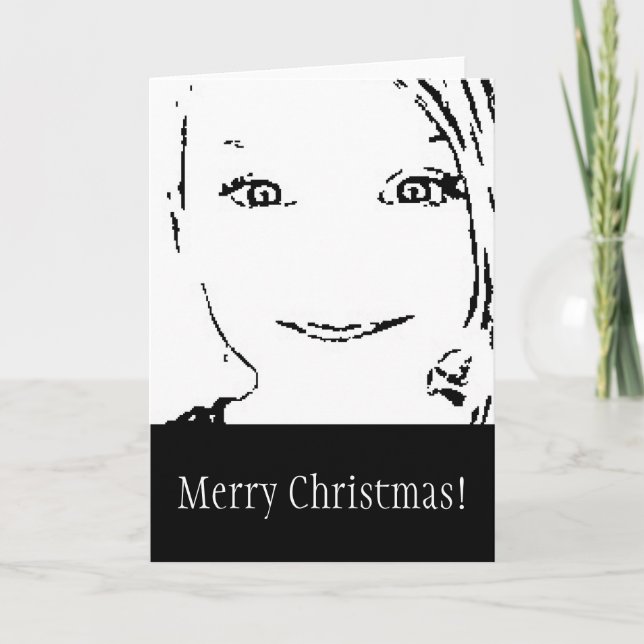 Sweet Girl, Black  White Portrait, Merry Christmas Holiday Card (Front)