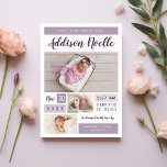 Sweet Girl Magnetic Photo Birth Announcement<br><div class="desc">Affordable custom printed magnetic baby birth announcement photo cards. This modern minimalist design features a 3 photo collage layout with purple colour blocks which can be customised by changing the background colour to any colour. Personalise it with baby's name and birth stats and your photos. Use the design tools to...</div>