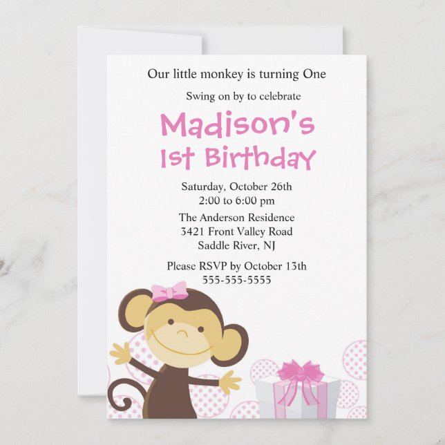 Sweet Girl Monkey Birthday Invitation (Front)