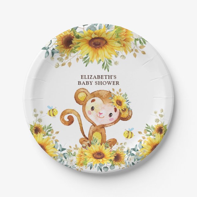 Sweet Girl Monkey Sunflower Baby Shower Wild One Paper Plate (Front)