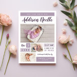 Sweet Girl Photo Collage Birth Announcement<br><div class="desc">Affordable custom printed baby birth announcement photo cards. This modern minimalist design features a 3 photo collage layout with purple colour blocks which can be customised by changing the background colour to any colour. Personalise it with baby's name and birth stats and your photos. Reverse side features a cute handsketched...</div>