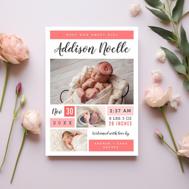 Sweet Girl Photo Collage Birth Announcement (Creator Uploaded)