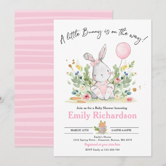 Sweet Girl Watercolor Bunny Baby Shower Pink Invitation (Front/Back)
