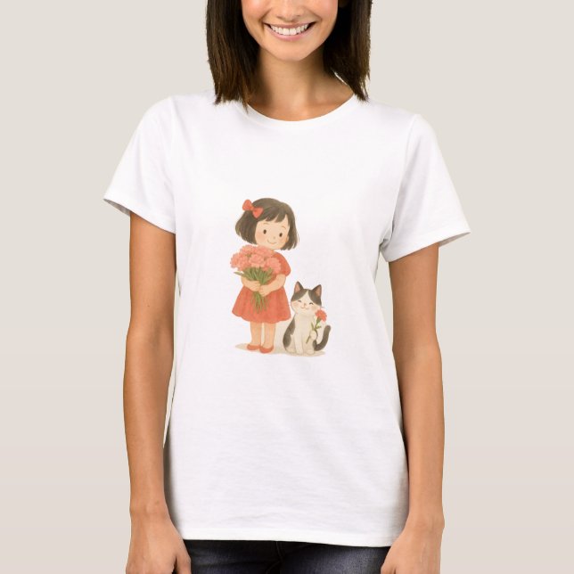Sweet Girl with Carnations and Smiling Cat  T-Shirt (Front)