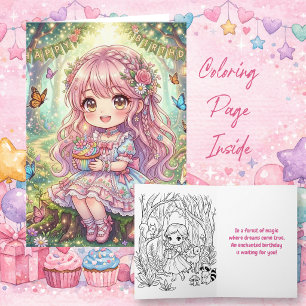Sweet Girl with Cupcake Birthday Colour Me Card