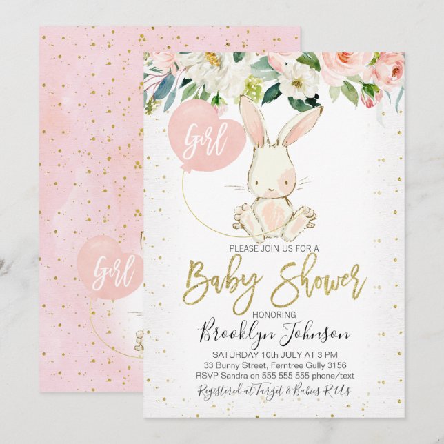 Sweet Girl's Floral Bunny Baby Shower invitation (Front/Back)