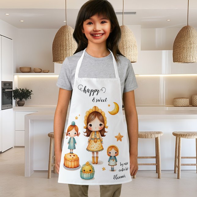 Sweet Girly Cookie Baker Apron (Apron featuring a cheerful design with girls and sweet baked goods and stars and moon)
