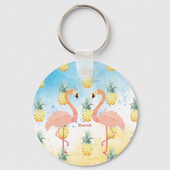 Sweet Girly Flamingo and Pineapple  Key Ring (Front)