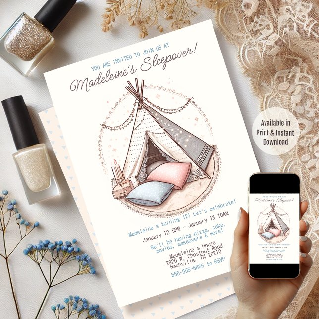 Sweet Girly Teepee Sleepover Party Birthday  Invitation (Available in Print and Instant Download)
