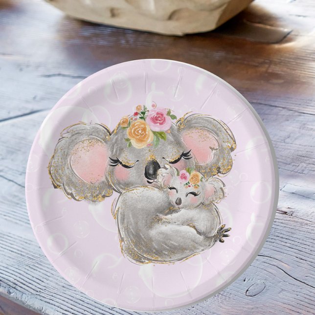 Sweet Girly Watercolor Koala Pink Baby Shower Paper Plate (Creator Uploaded)