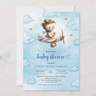 Sweet gold airplane bear theme boy baby shower invitation