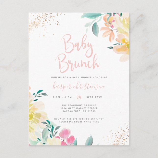 Sweet Gold Blush Pink Floral Baby Shower Brunch Invitation Postcard (Front)