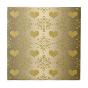 Sweet Gold Hearts Damask Pattern Tile