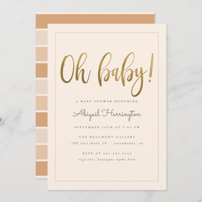 Sweet Gold Oh Baby Script Peach Baby Shower Invitation (Front/Back)