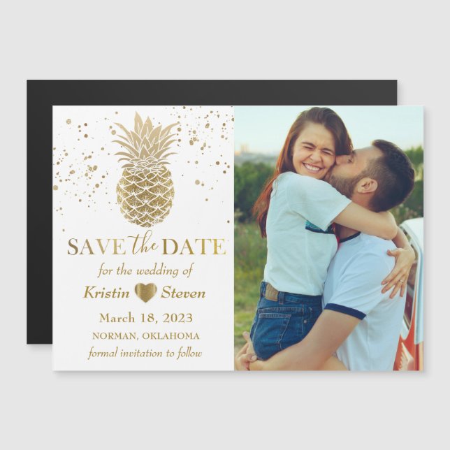Sweet Gold Pineapple Photo Save the Date Magnet (Front/Back)