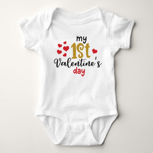 Sweet Gold & Red Hearts My 1st Valentines Day Baby Bodysuit (Front)