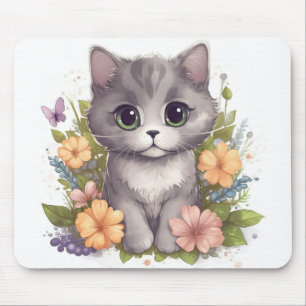 Sweet Gray Kitten with Flowers Kawaii Chibi Mouse Pad