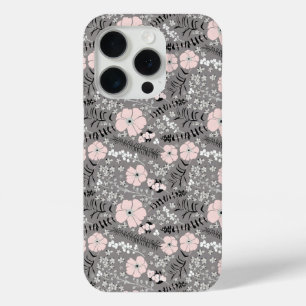 Sweet Gray Pink White Whimsical Pattern Flowers  iPhone 15 Pro Case