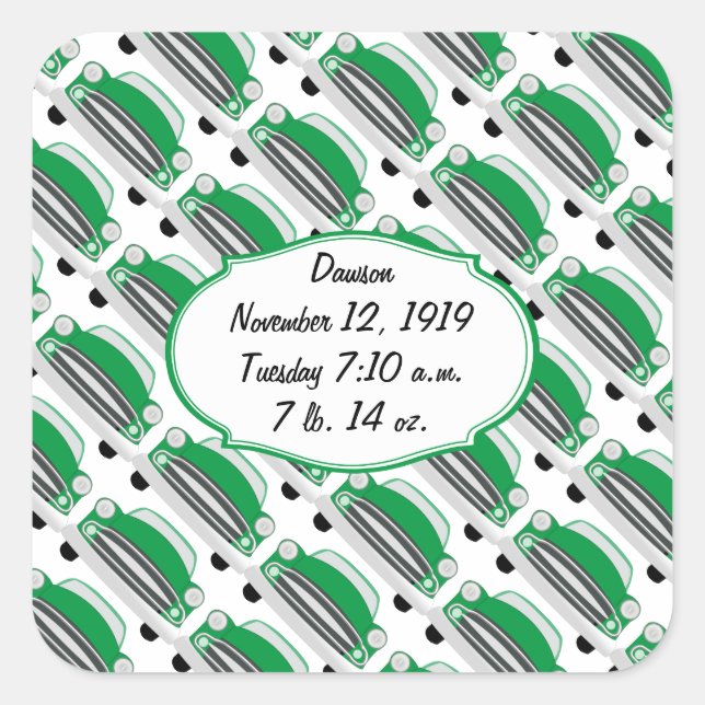 Sweet Green Retro Car Baby Shower Announcement Square Sticker (Front)