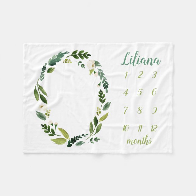 Sweet Greenery Baby Name Monthly Milestone Photo Fleece Blanket (Front (Horizontal))