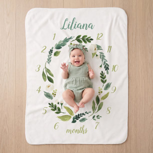 Sweet Greenery Baby Name Monthly Milestone Photo Sherpa Blanket