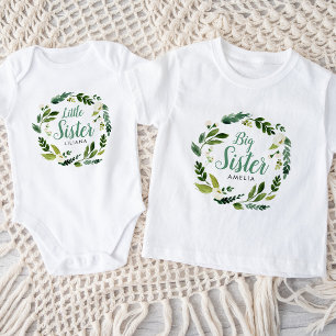 Sweet Greenery Floral Big Sister Name Monogram Baby T-Shirt