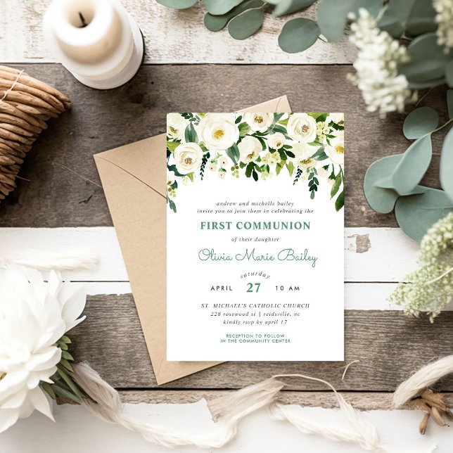 Sweet Greenery Floral First Communion Invitation (Creator Uploaded)