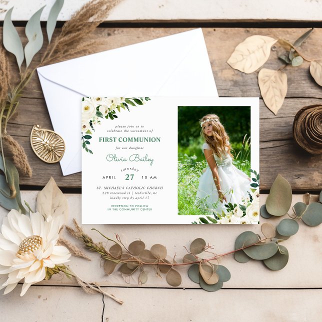 Sweet Greenery Floral Photo First Communion Invitation (Creator Uploaded)