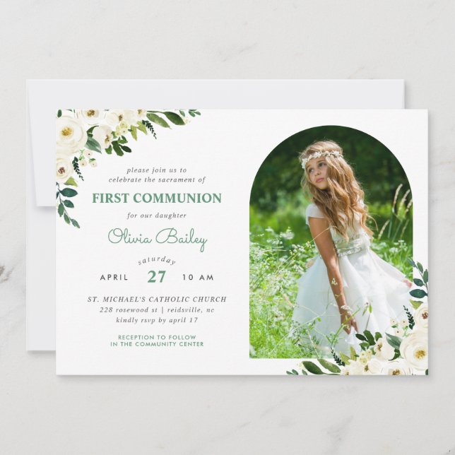 Sweet Greenery Floral Photo First Communion Invitation (Front)