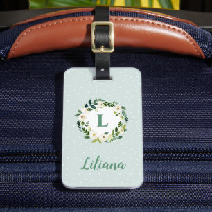 Sweet Greenery Floral Wreath Monogram Luggage Tag