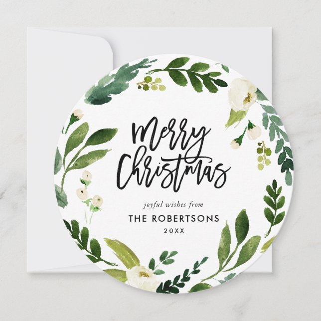 Sweet Greenery Floral Wreath Round Photo Holiday Card (Front)