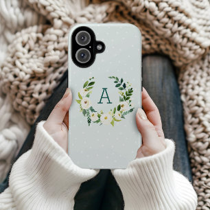 Sweet Greenery Wreath and Mint Dots Monogram iPhone 16 Case