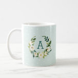 Sweet Greenery Wreath and Mint Dots Monogram Coffee Mug<br><div class="desc">Custom monogrammed coffee mug personalised with your initial or other text. This simple farmhouse inspired design features a watercolor wreath of greenery and white flowers on a mint polka dot background. Add your monogram letter in the botanical frame. Use the design tools to choose any background colour, change text fonts...</div>