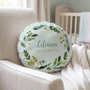 Sweet Greenery Wreath Baby Name Monogram Round Cushion