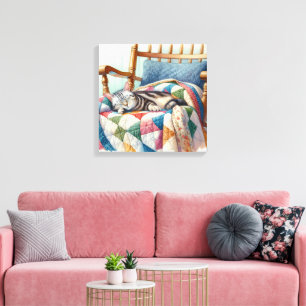 Sweet Grey Cat Sleeping on a Quilt Canvas Print