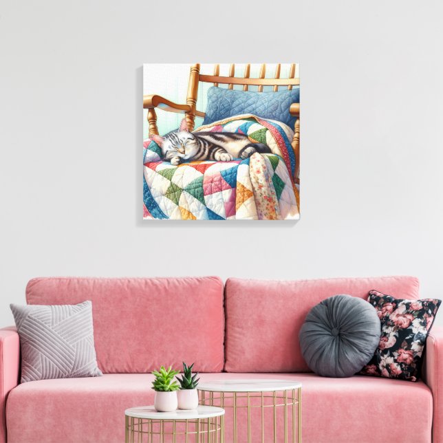 Sweet Grey Cat Sleeping on a Quilt Canvas Print (Insitu(LivingRoom))