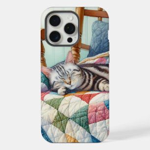 Sweet Grey Cat Sleeping on a Quilt iPhone 15 Pro Max Case