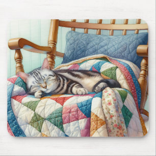 Sweet Grey Cat Sleeping on a Quilt Mouse Pad