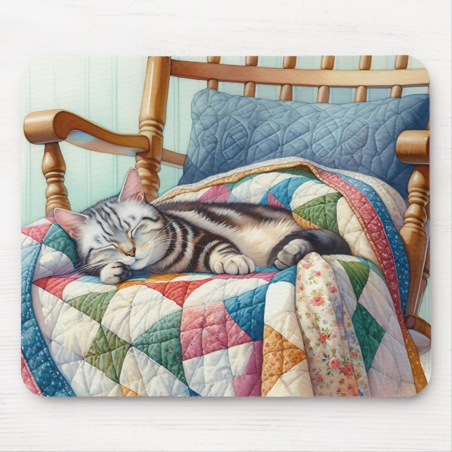 Sweet Grey Cat Sleeping on a Quilt Mouse Pad (Front)