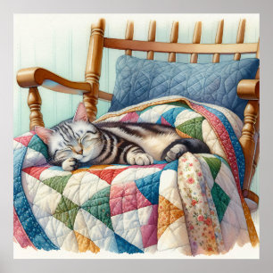 Sweet Grey Cat Sleeping on a Quilt Poster