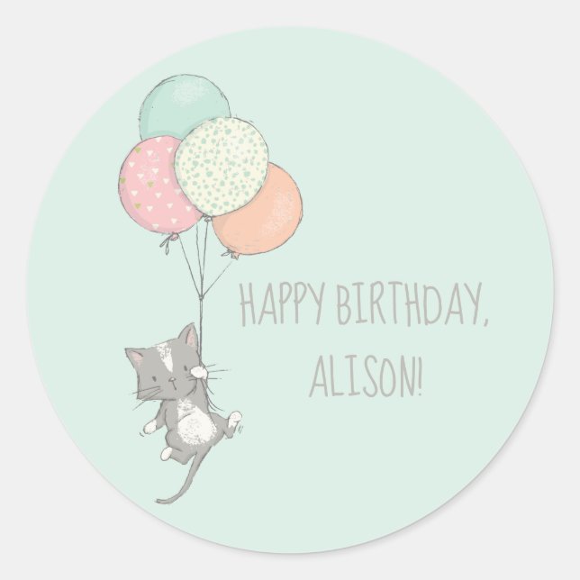 Sweet Grey Cat with Balloons Birthday Party Classic Round Sticker (Front)