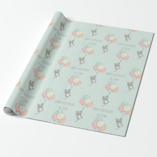 Sweet Grey Cat with Balloons Personalised Birthday Wrapping Paper