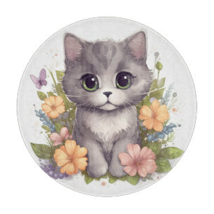Sweet Grey Kitten with Flowers Kawaii Chibi Cutting Board