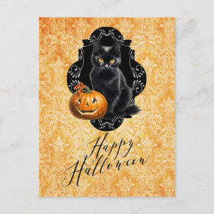 Sweet Halloween Black Cat and Pumpkin Postcard