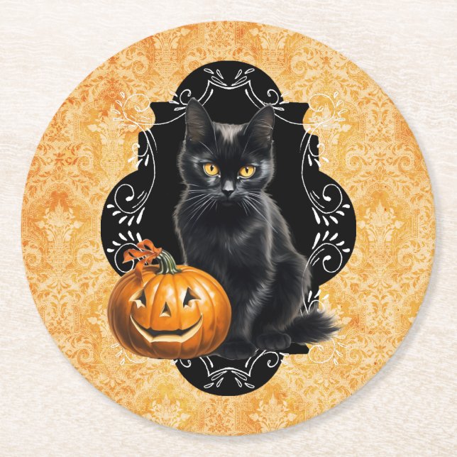 Sweet Halloween Black Cat and Pumpkin Round Paper Coaster (Front)