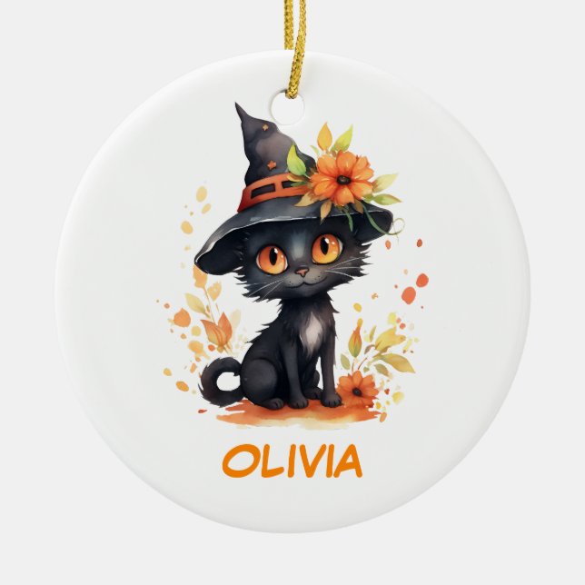 Sweet Halloween Cat Custom Name Ceramic Tree Decoration (Front)