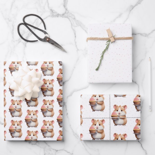 Sweet Hamster, Pink Cupcake Children's Birthday  Wrapping Paper Sheet (Front)